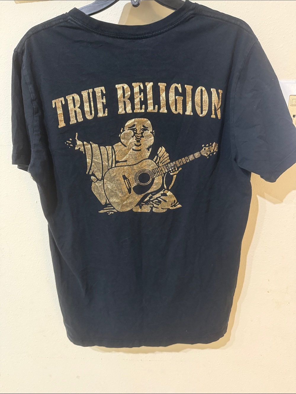 True Religion Black T-Shirt with Gold Graphic Buddha Guitar
